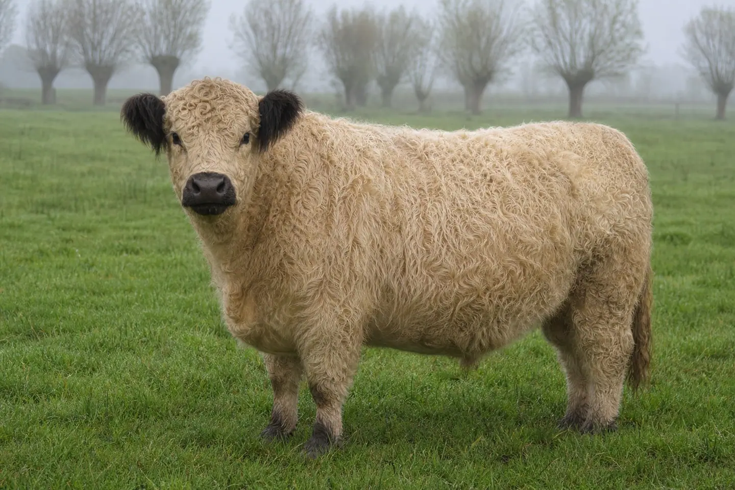Dun Galloway mit falbem Fell und dunkel abgesetzten Ohren auf einer Weide
