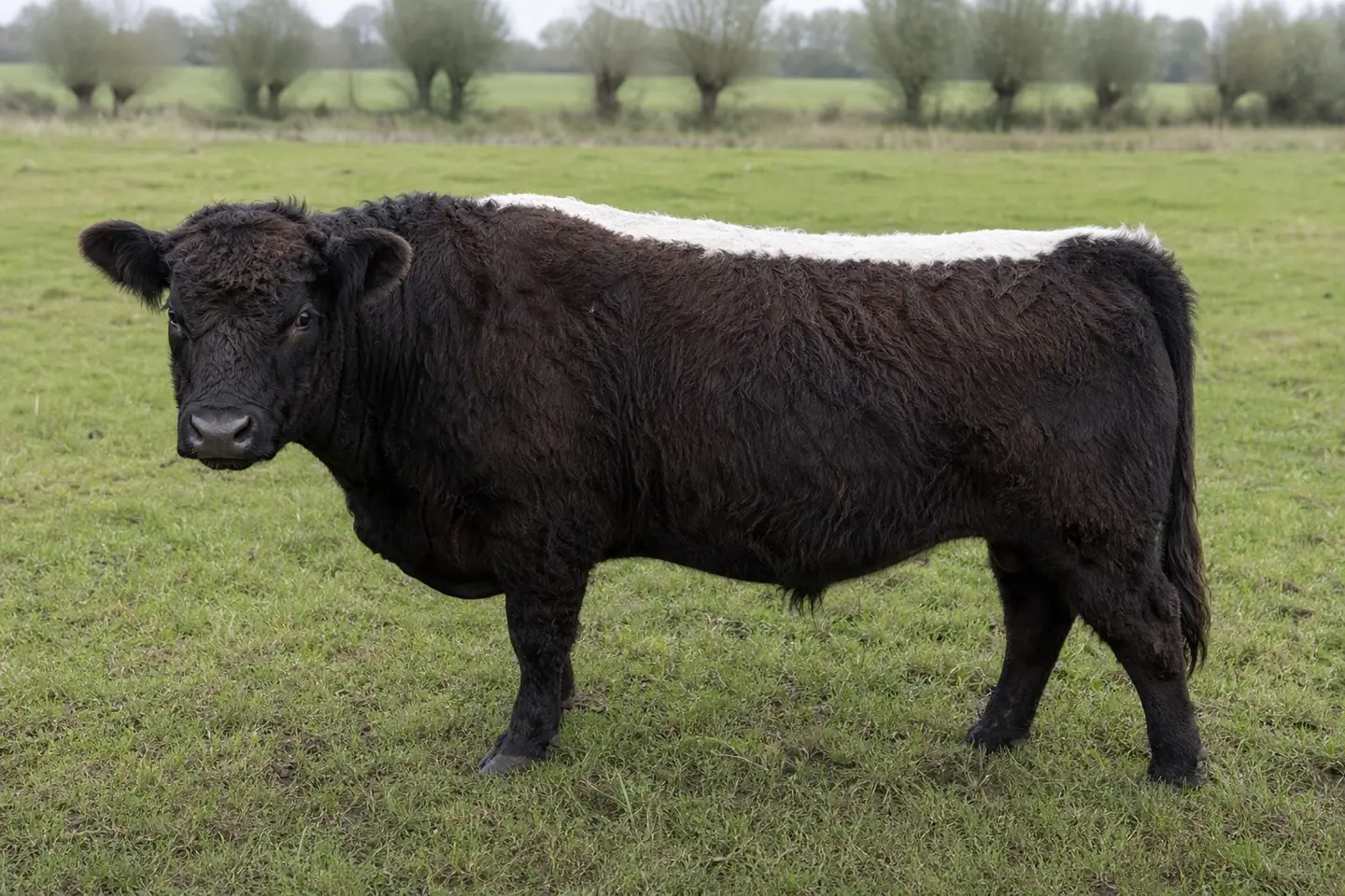 Riggit Galloway mit weißem Streifen entlang der Wirbelsäule auf einer Weide