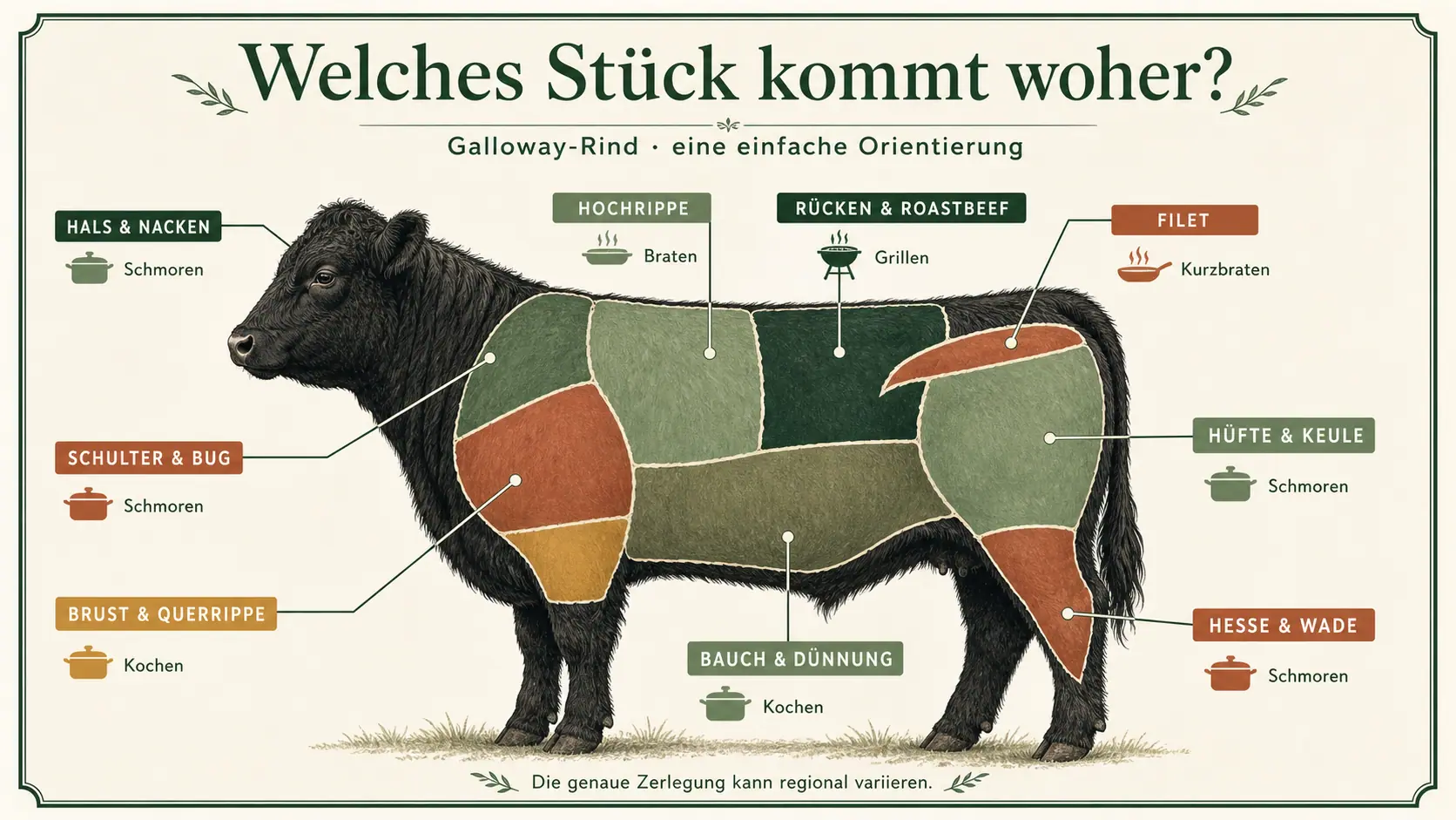 Illustrierte Fleischkarte eines Galloway-Rindes mit den wichtigsten Teilstücken
